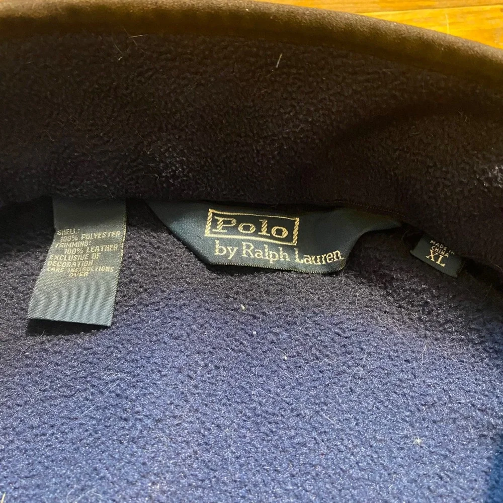 Polo Ralph Lauren Navy Blue Fleece Jacket Leather Trim Full Zip Mens XL